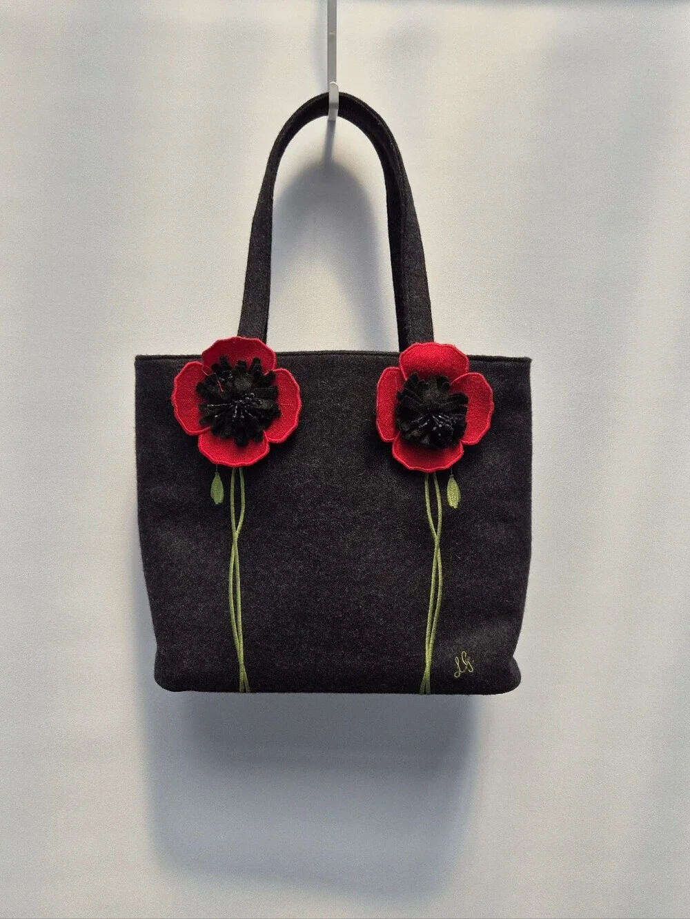 VTG Lulu Guinness Black Wool Felt Poppy Tote Bag Handbag Red Floral Embroidered